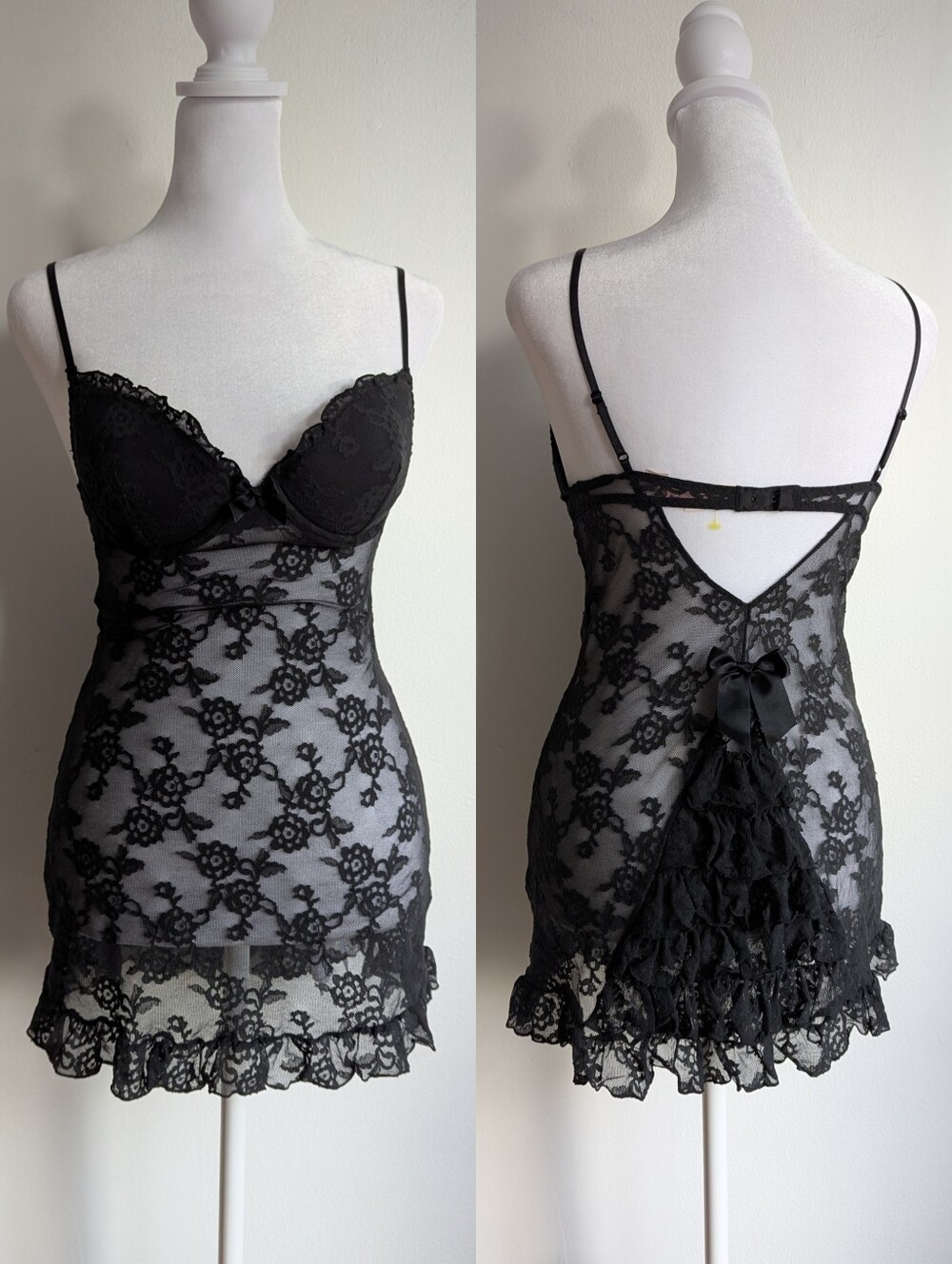 Y2K Victoria's Secret Black Lace Bustled Bustier Lingerie Dress 34B Babydoll